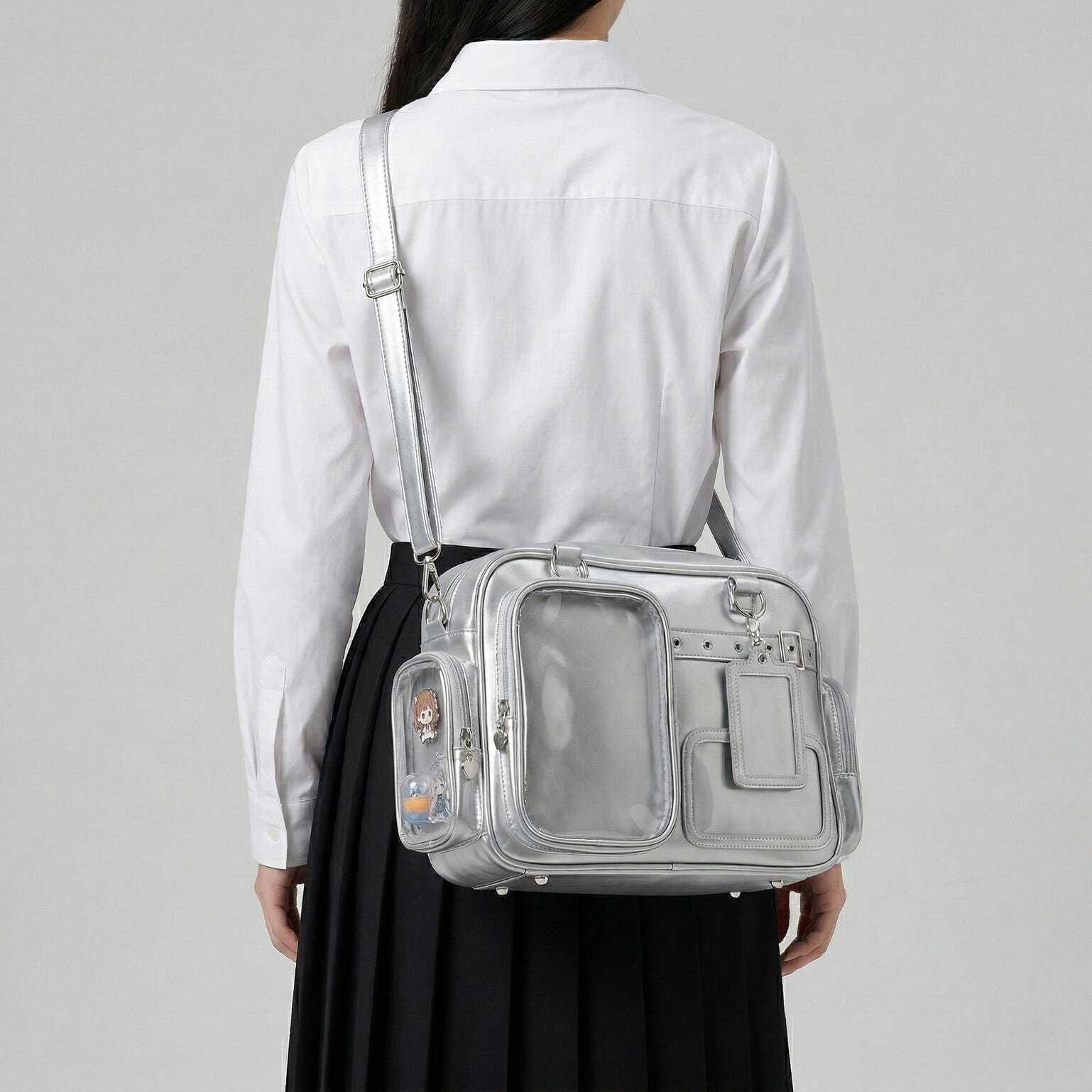 Large Silver Kawaii Y2K Convertible Ita Bag with Clear Window for Photocards and Pins Large Silver Kawaii Y2K Convertible Ita Bag with Clear Window for Photocards and Pins