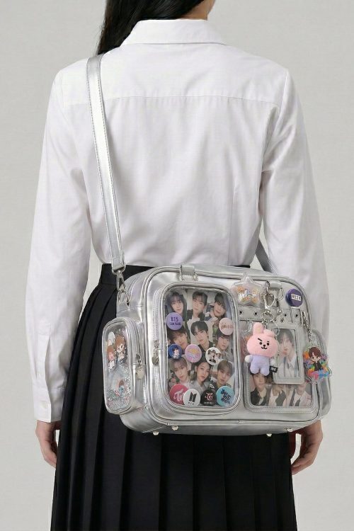 Large Silver Kawaii Y2K Convertible Ita Bag with Clear Window for Photocards and Pins