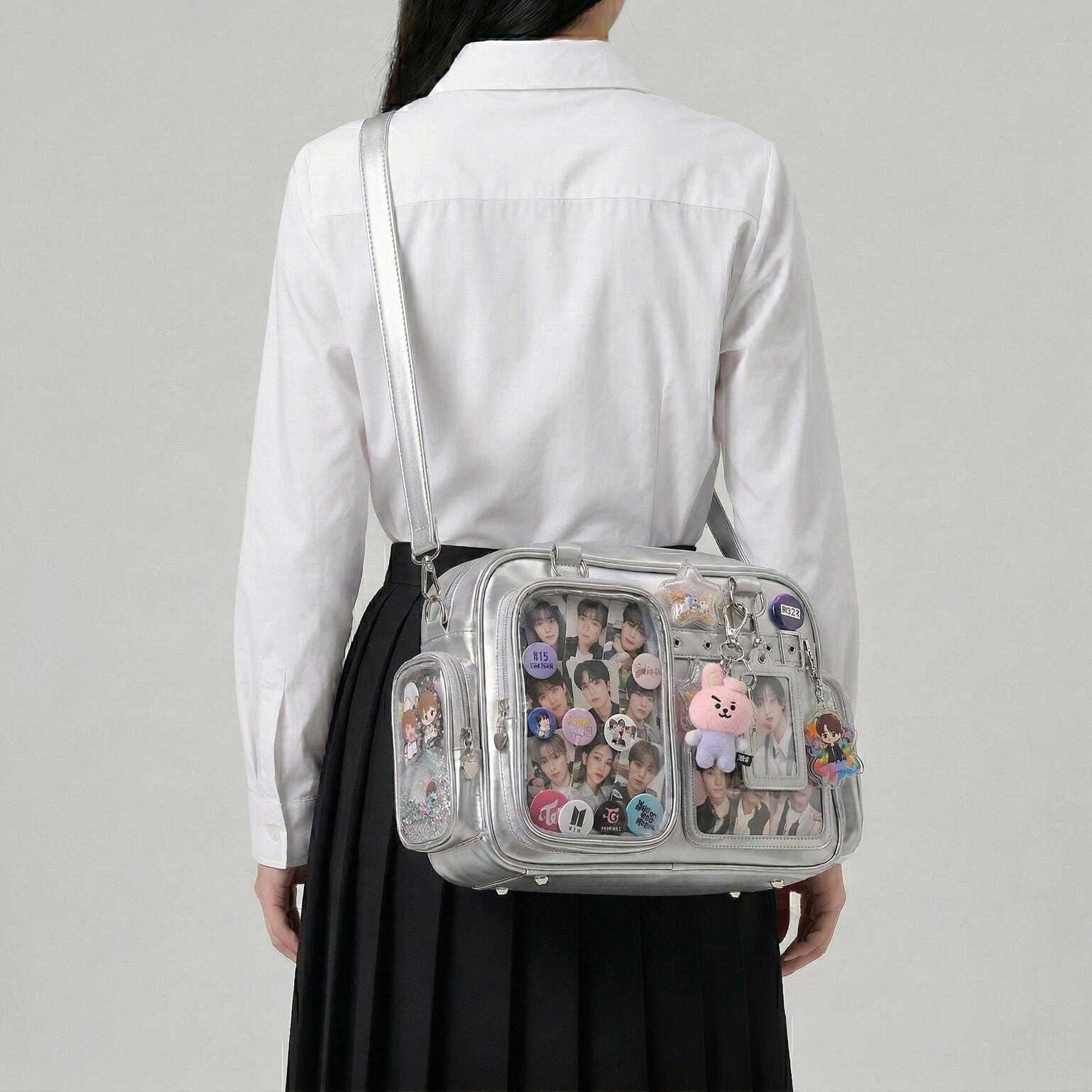Large Silver Kawaii Y2K Convertible Ita Bag with Clear Window for Photocards and Pins Large Silver Kawaii Y2K Convertible Ita Bag with Clear Window for Photocards and Pins