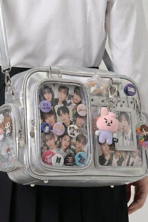 Large Silver Kawaii Y2K Convertible Ita Bag with Clear Window for Photocards and Pins