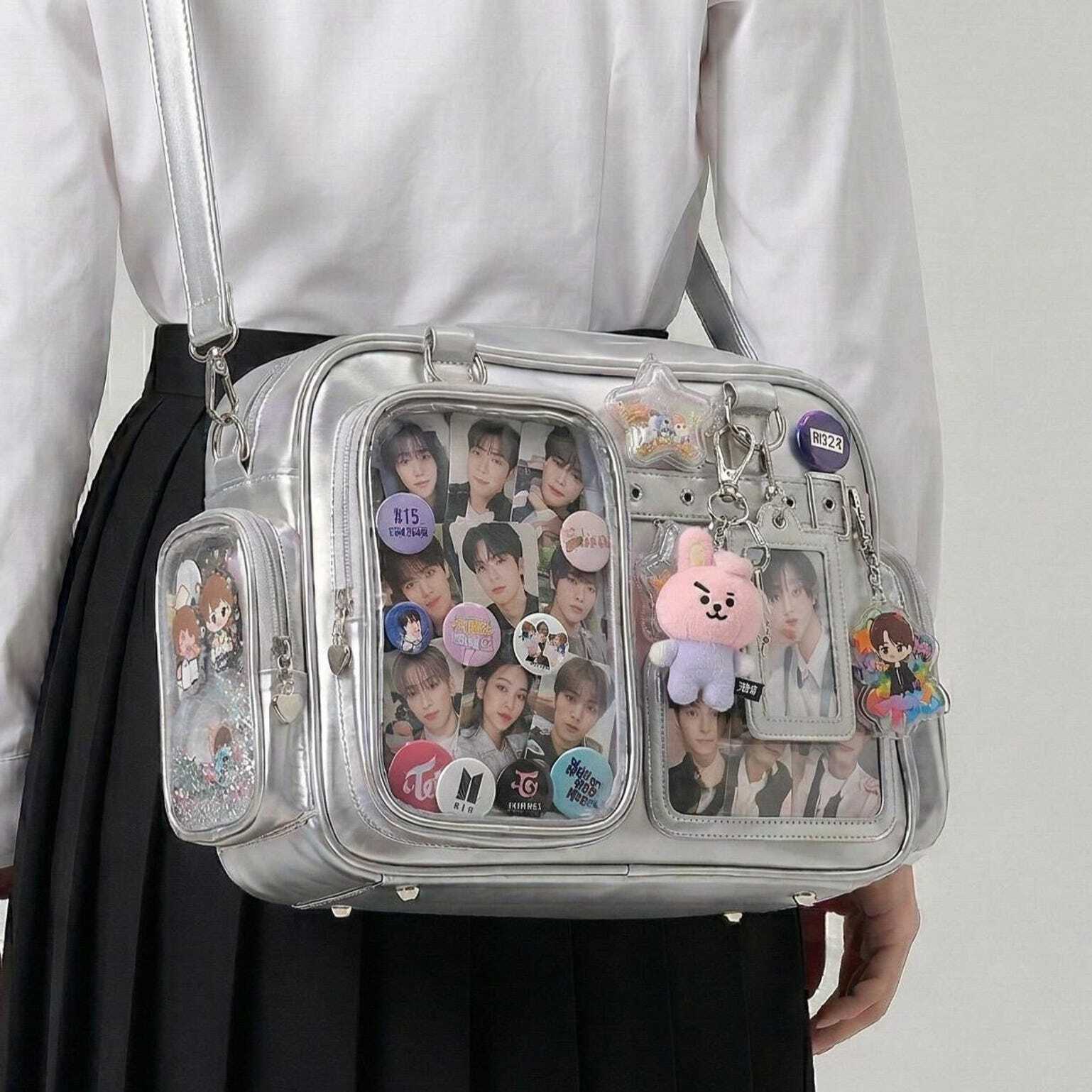 Large Silver Kawaii Y2K Convertible Ita Bag with Clear Window for Photocards and Pins Large Silver Kawaii Y2K Convertible Ita Bag with Clear Window for Photocards and Pins