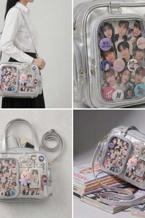 Large Silver Kawaii Y2K Convertible Ita Bag with Clear Window for Photocards and Pins
