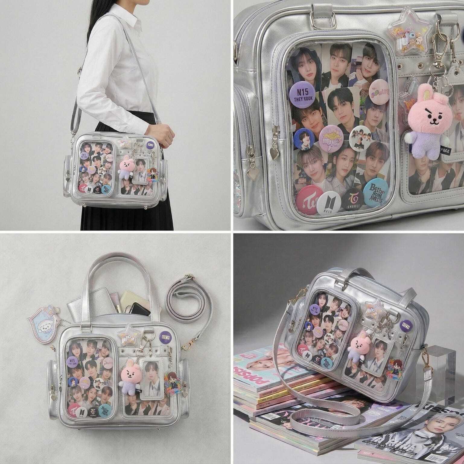 Large Silver Kawaii Y2K Convertible Ita Bag with Clear Window for Photocards and Pins Large Silver Kawaii Y2K Convertible Ita Bag with Clear Window for Photocards and Pins