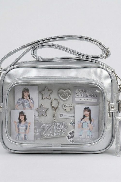 Large Silver Kawaii Y2K Convertible Ita Bag with Clear Window for Plushies and Pins