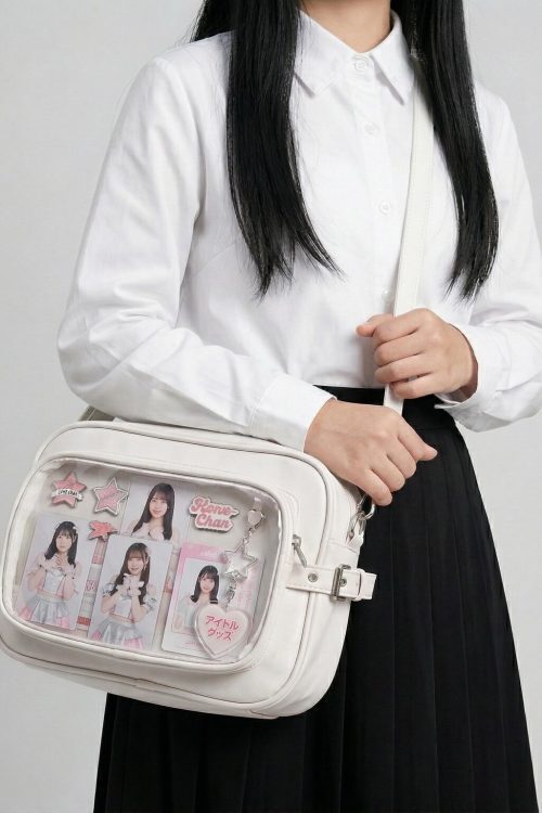 Large Silver Kawaii Y2K Convertible Ita Bag with Clear Window for Plushies and Pins