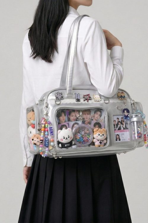 Large Silver Kawaii Y2K Ita Backpack with Clear Window for Photocards and Pins