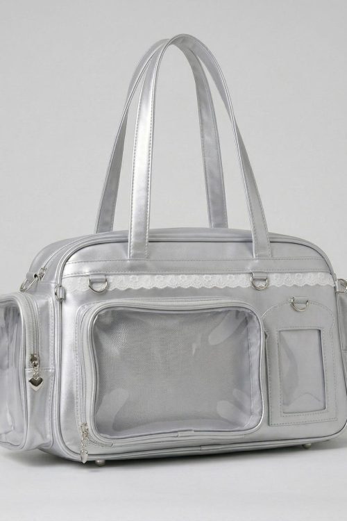 Large Silver Kawaii Y2K Ita Backpack with Clear Window for Photocards and Pins
