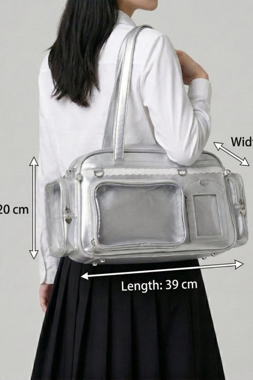 Large Silver Kawaii Y2K Ita Backpack with Clear Window for Photocards and Pins