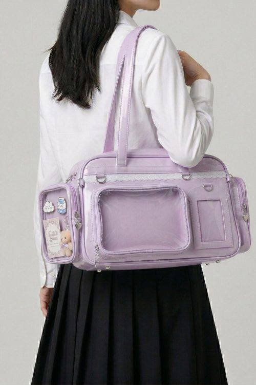 Large Silver Kawaii Y2K Ita Backpack with Clear Window for Photocards and Pins