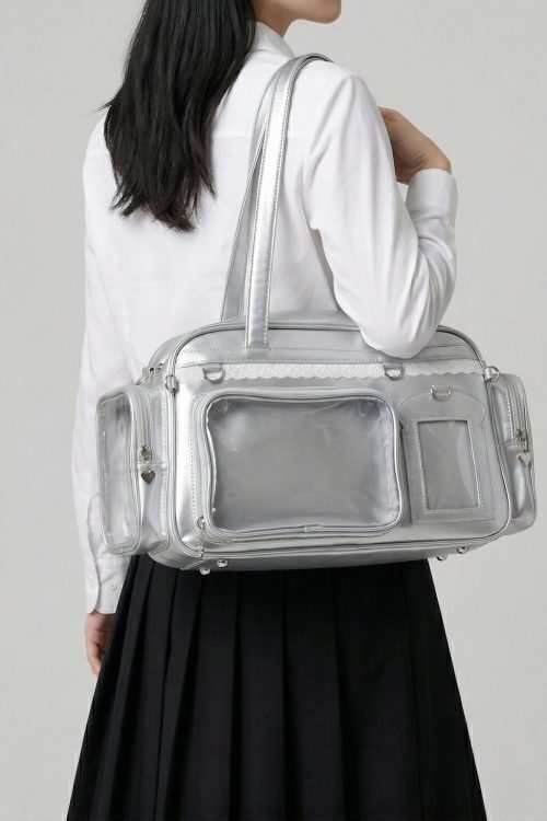 Large Silver Kawaii Y2K Ita Backpack with Clear Window for Photocards and Pins