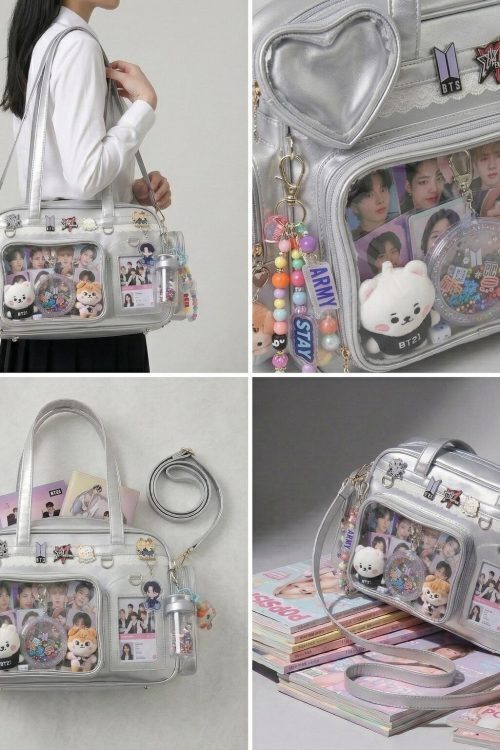 Large Silver Kawaii Y2K Ita Backpack with Clear Window for Photocards and Pins