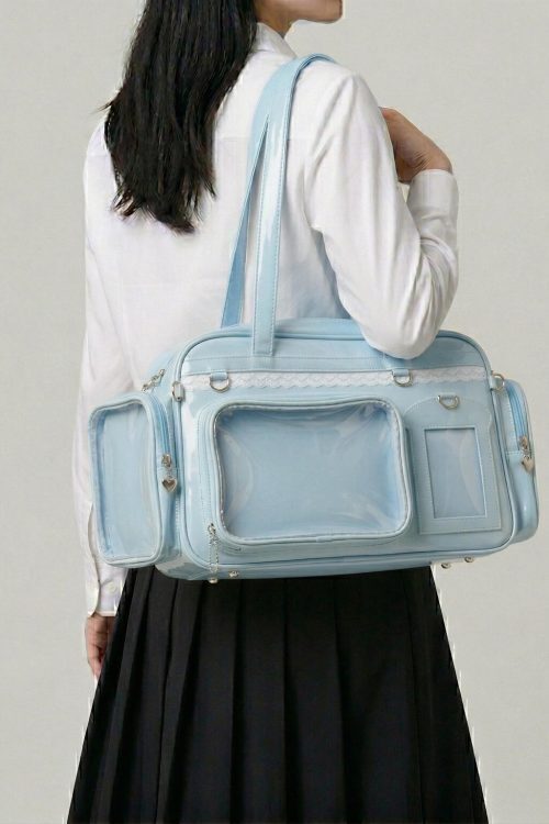Large Silver Kawaii Y2K Ita Backpack with Clear Window for Photocards and Pins