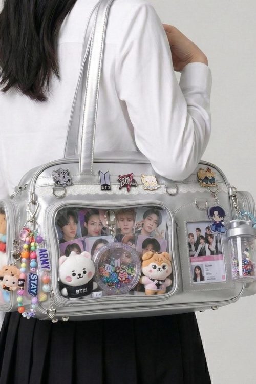 Large Silver Kawaii Y2K Ita Backpack with Clear Window for Photocards and Pins
