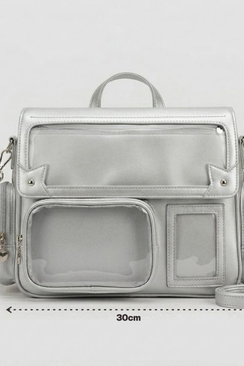 Large Silver Kawaii Y2K Ita Backpack with Clear Window for Pin Display