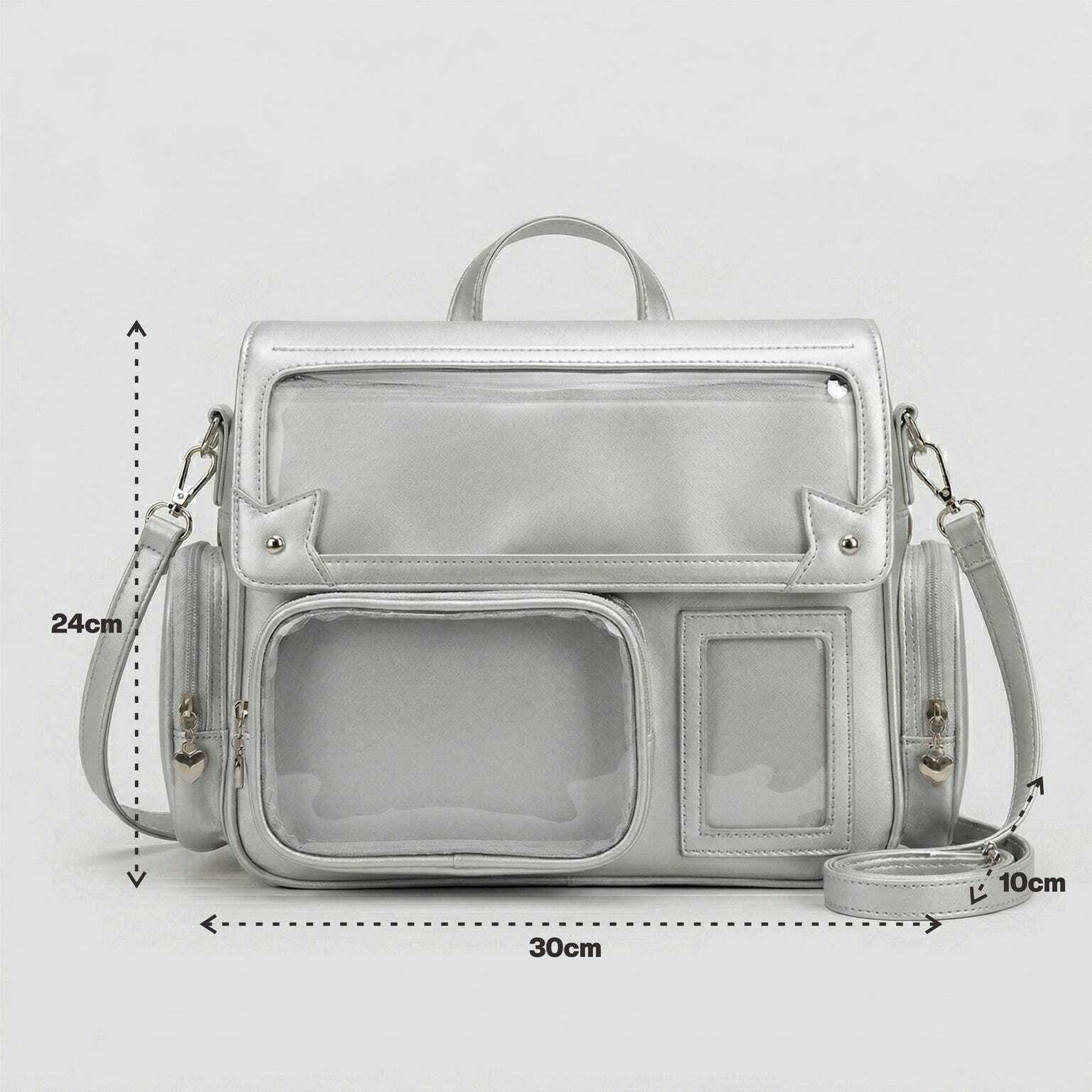 Large Silver Kawaii Y2K Ita Backpack with Clear Window for Pin Display Large Silver Kawaii Y2K Ita Backpack with Clear Window for Pin Display