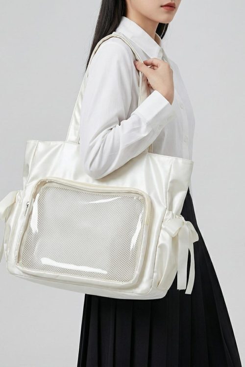 Large Silver Kawaii Y2K Ita Backpack with Clear Window for Pin Display