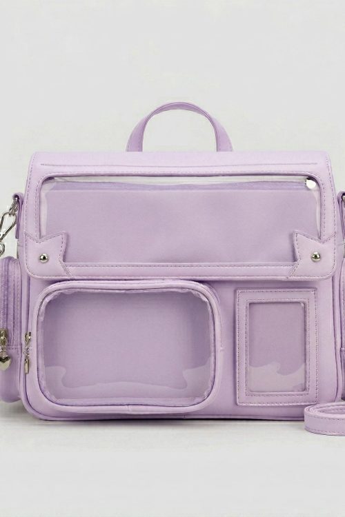 Large Silver Kawaii Y2K Ita Backpack with Clear Window for Pin Display