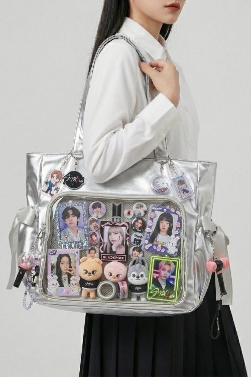 Large Silver Kawaii Y2K Ita Backpack with Clear Window for Pin Display