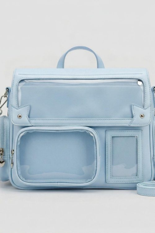 Large Silver Kawaii Y2K Ita Backpack with Clear Window for Pin Display