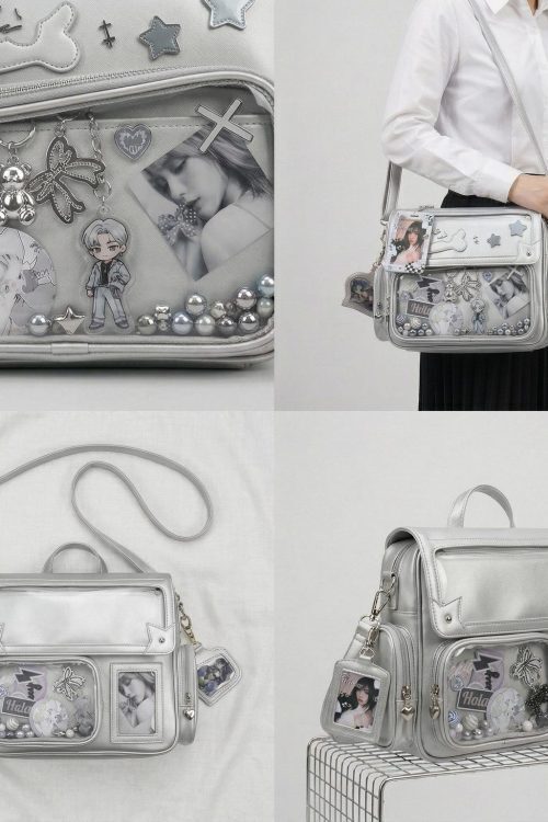 Large Silver Kawaii Y2K Ita Backpack with Clear Window for Pin Display