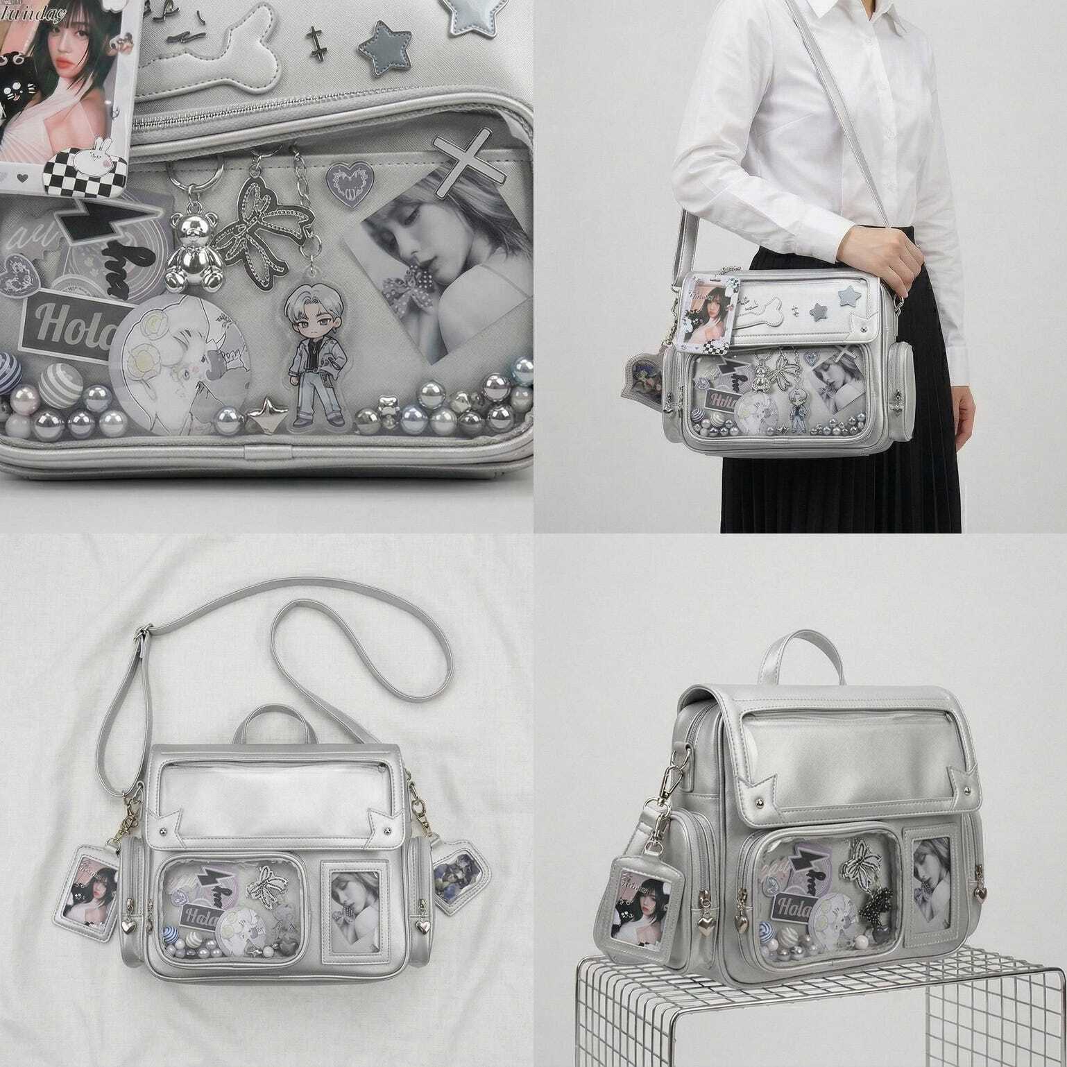 Large Silver Kawaii Y2K Ita Backpack with Clear Window for Pin Display Large Silver Kawaii Y2K Ita Backpack with Clear Window for Pin Display