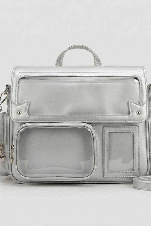 Large Silver Kawaii Y2K Ita Backpack with Clear Window for Pin Display