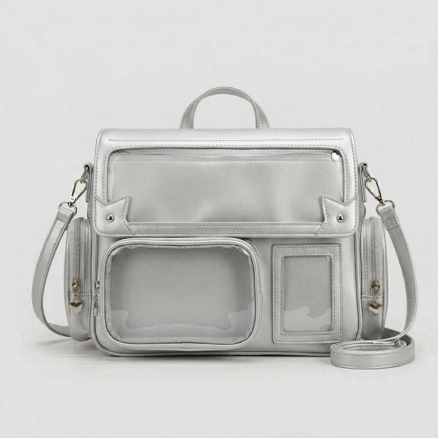 Large Silver Kawaii Y2K Ita Backpack with Clear Window for Pin Display Large Silver Kawaii Y2K Ita Backpack with Clear Window for Pin Display