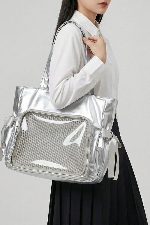 Large Silver Kawaii Y2K Ita Backpack with Clear Window for Pin Display
