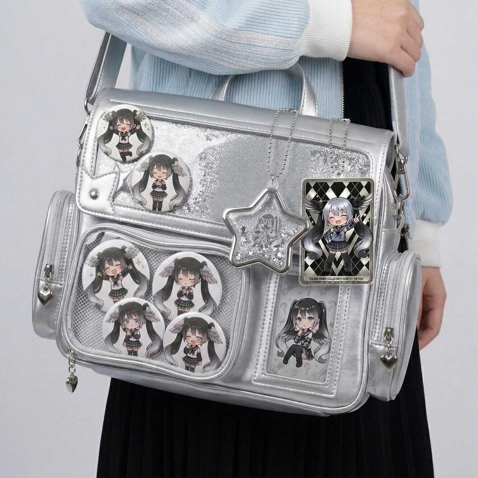 Large Silver Kawaii Y2K Ita Backpack with Clear Window for Pin Display Large Silver Kawaii Y2K Ita Backpack with Clear Window for Pin Display