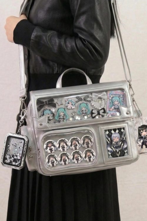 Large Silver Kawaii Y2K Ita Backpack with Clear Window for Pin Display