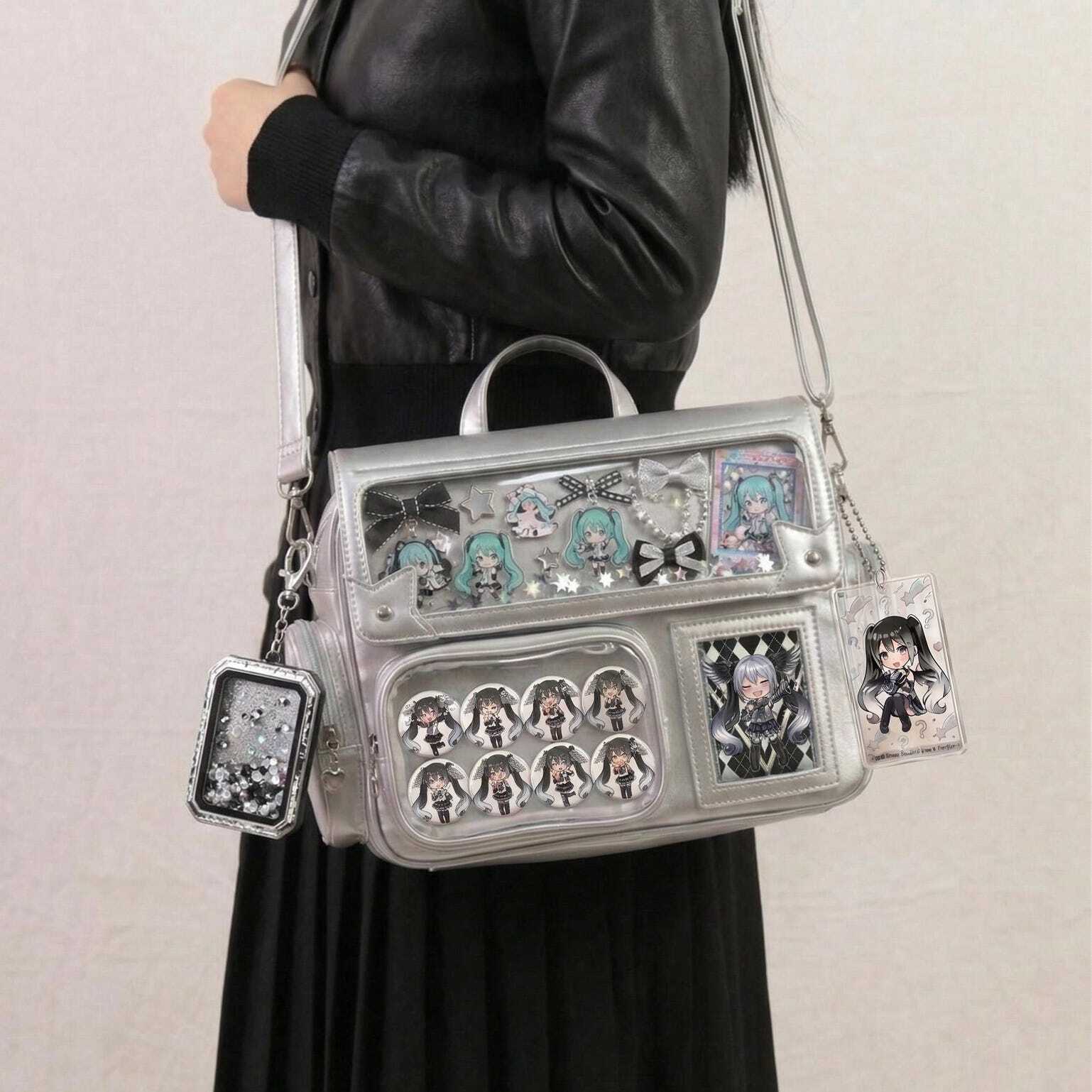 Large Silver Kawaii Y2K Ita Backpack with Clear Window for Pin Display Large Silver Kawaii Y2K Ita Backpack with Clear Window for Pin Display