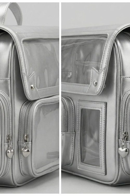 Large Silver Kawaii Y2K Ita Backpack with Clear Window for Pin Display