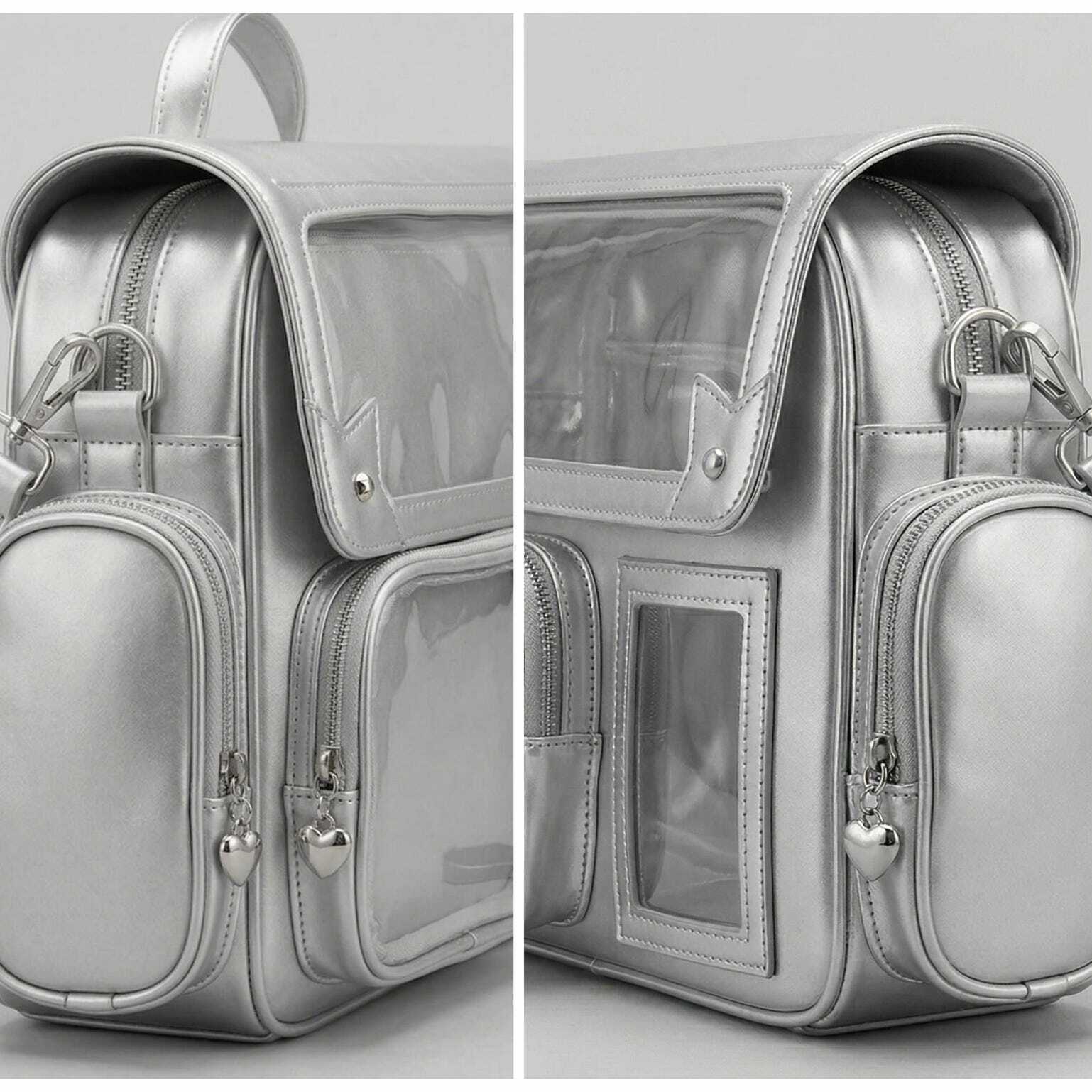 Large Silver Kawaii Y2K Ita Backpack with Clear Window for Pin Display Large Silver Kawaii Y2K Ita Backpack with Clear Window for Pin Display