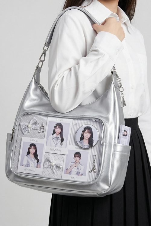 Large Silver Kawaii Y2K Ita Backpack with Clear Window for Plushies and Pins