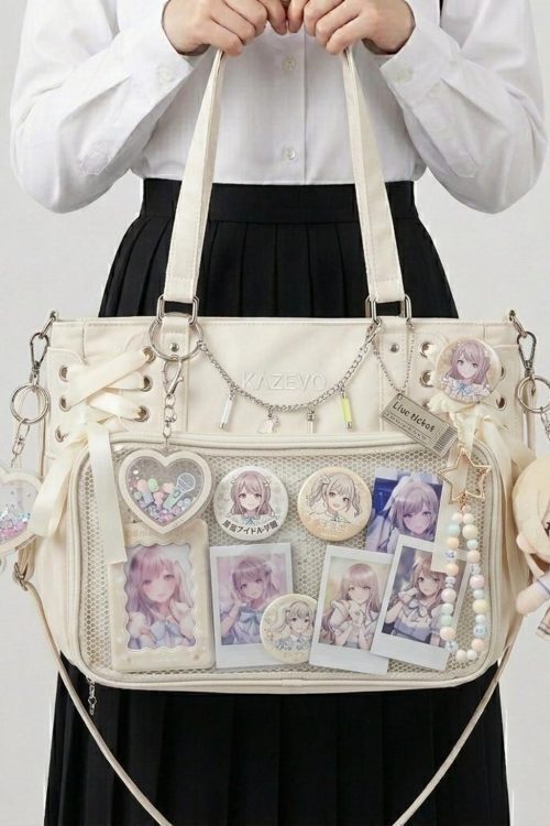 Large White Kawaii Y2K Ita Backpack with Clear Window for Plushies and Pins