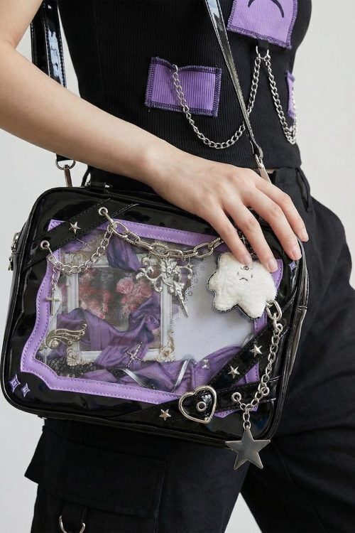 Large Y2K Gothic Convertible Ita Bag with Clear Window for Pin Display