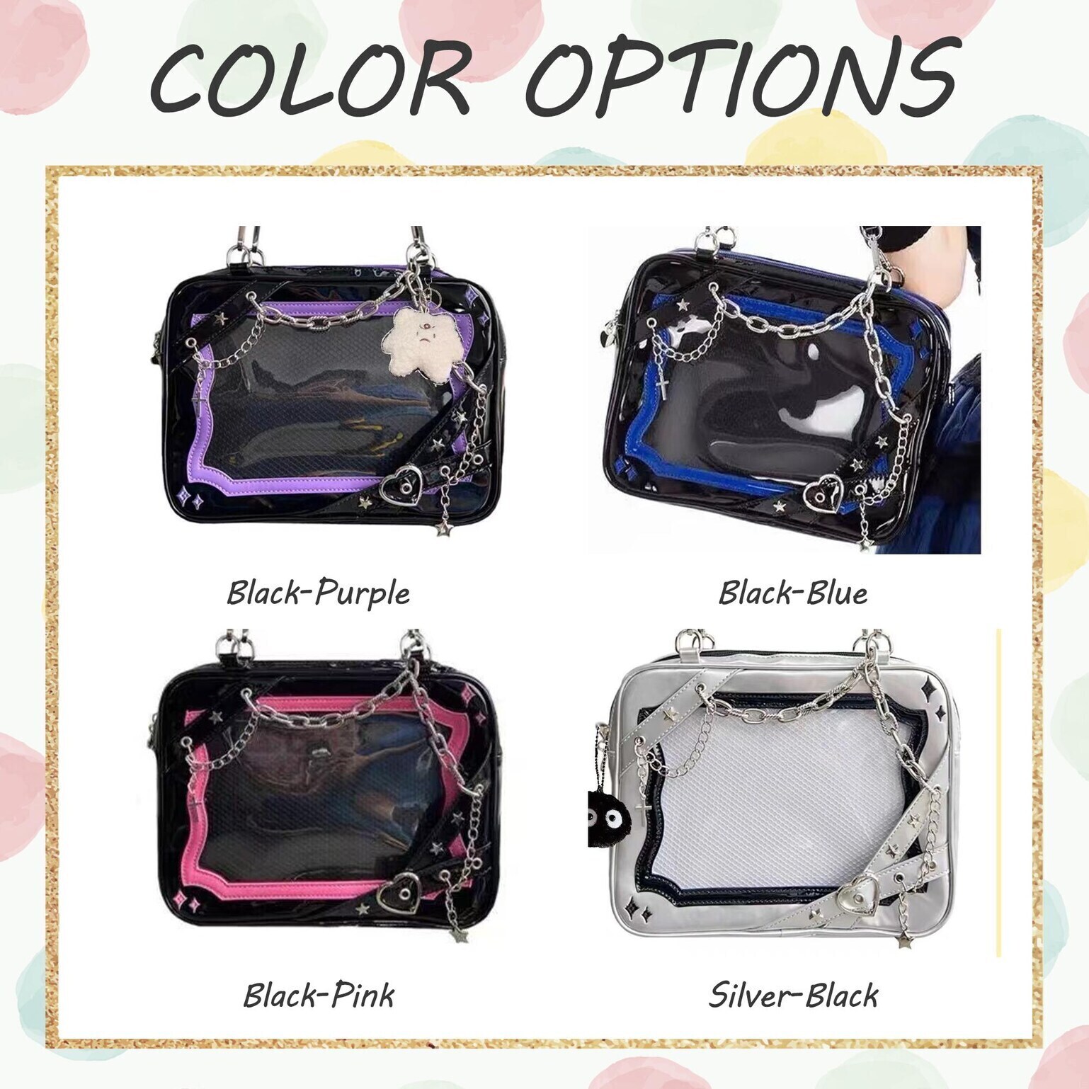 Large Y2K Gothic Convertible Ita Bag with Clear Window for Pin Display Large Y2K Gothic Convertible Ita Bag with Clear Window for Pin Display