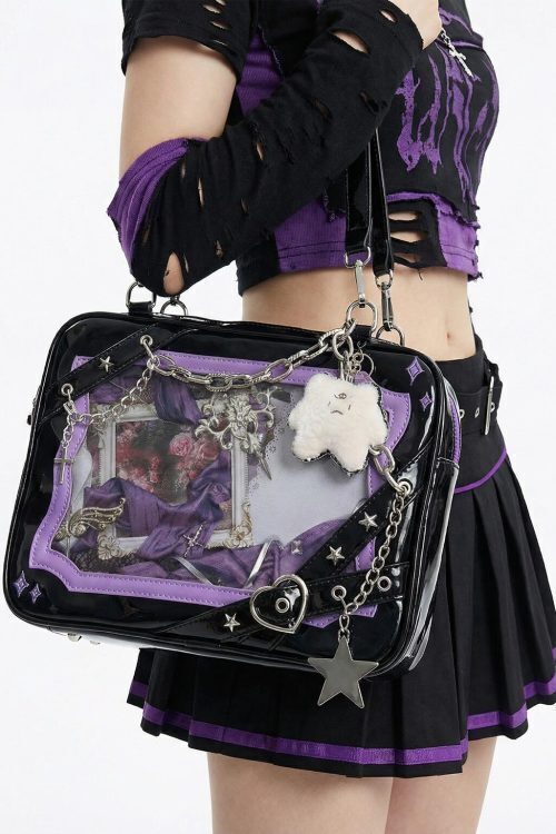 Large Y2K Gothic Convertible Ita Bag with Clear Window for Pin Display