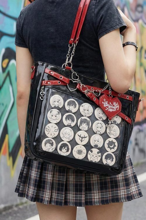 Large Y2K Gothic Ita Shoulder Bag with Clear Window for Pin Display