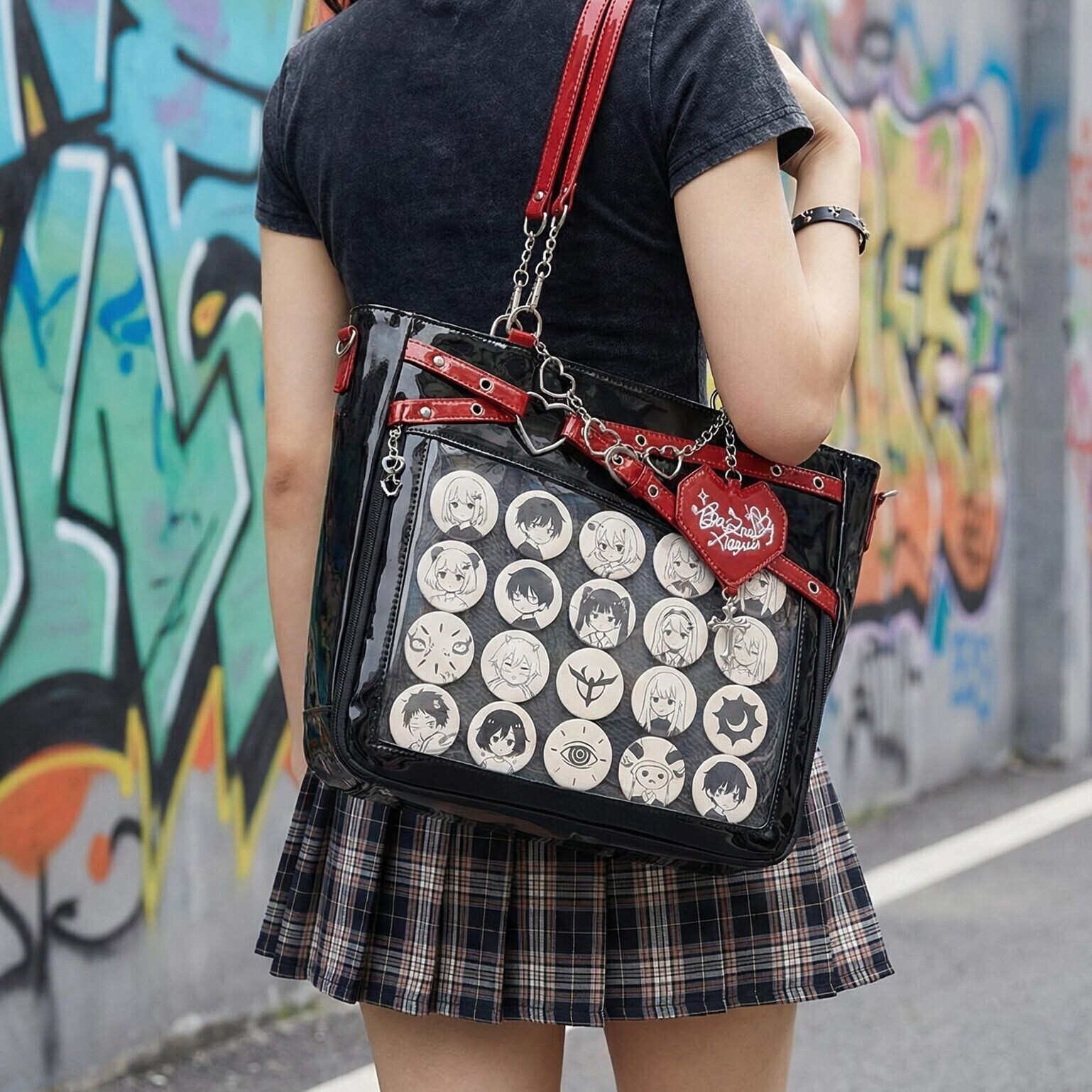 Large Y2K Gothic Ita Shoulder Bag with Clear Window for Pin Display Large Y2K Gothic Ita Shoulder Bag with Clear Window for Pin Display