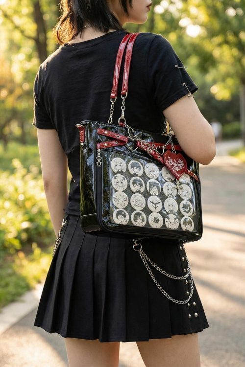 Large Y2K Gothic Ita Shoulder Bag with Clear Window for Pin Display