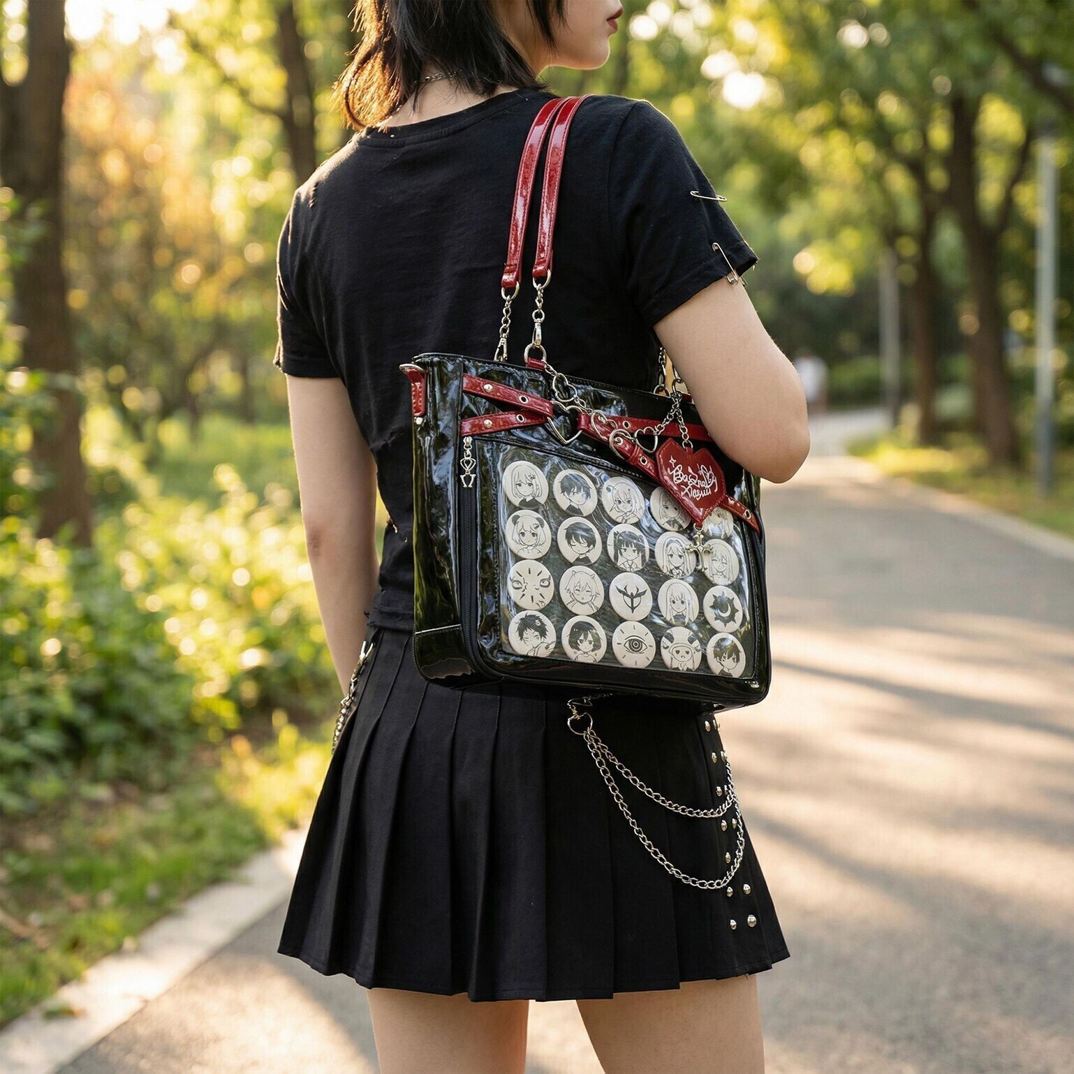 Large Y2K Gothic Ita Shoulder Bag with Clear Window for Pin Display Large Y2K Gothic Ita Shoulder Bag with Clear Window for Pin Display