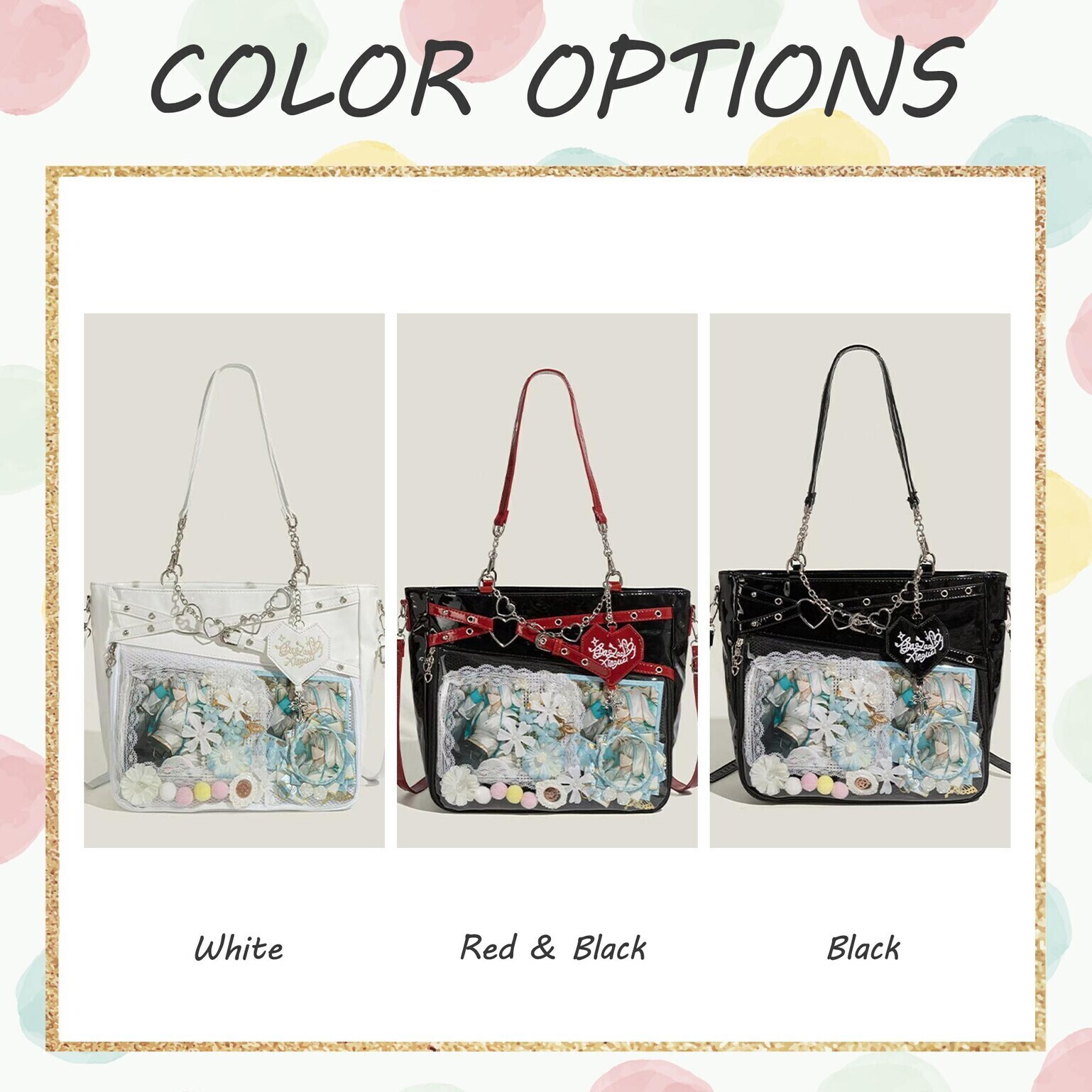 Large Y2K Gothic Ita Shoulder Bag with Clear Window for Pin Display Large Y2K Gothic Ita Shoulder Bag with Clear Window for Pin Display