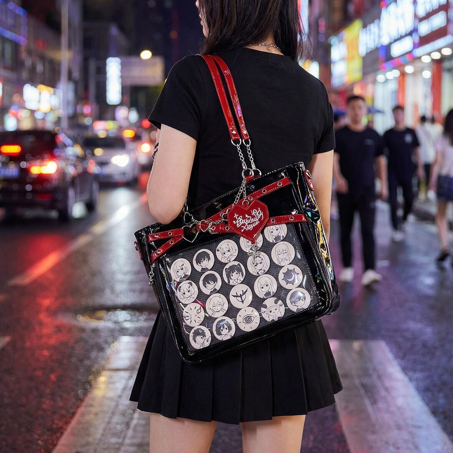 Large Y2K Gothic Ita Shoulder Bag with Clear Window for Pin Display Large Y2K Gothic Ita Shoulder Bag with Clear Window for Pin Display