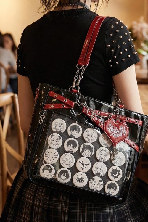 Large Y2K Gothic Ita Shoulder Bag with Clear Window for Pin Display