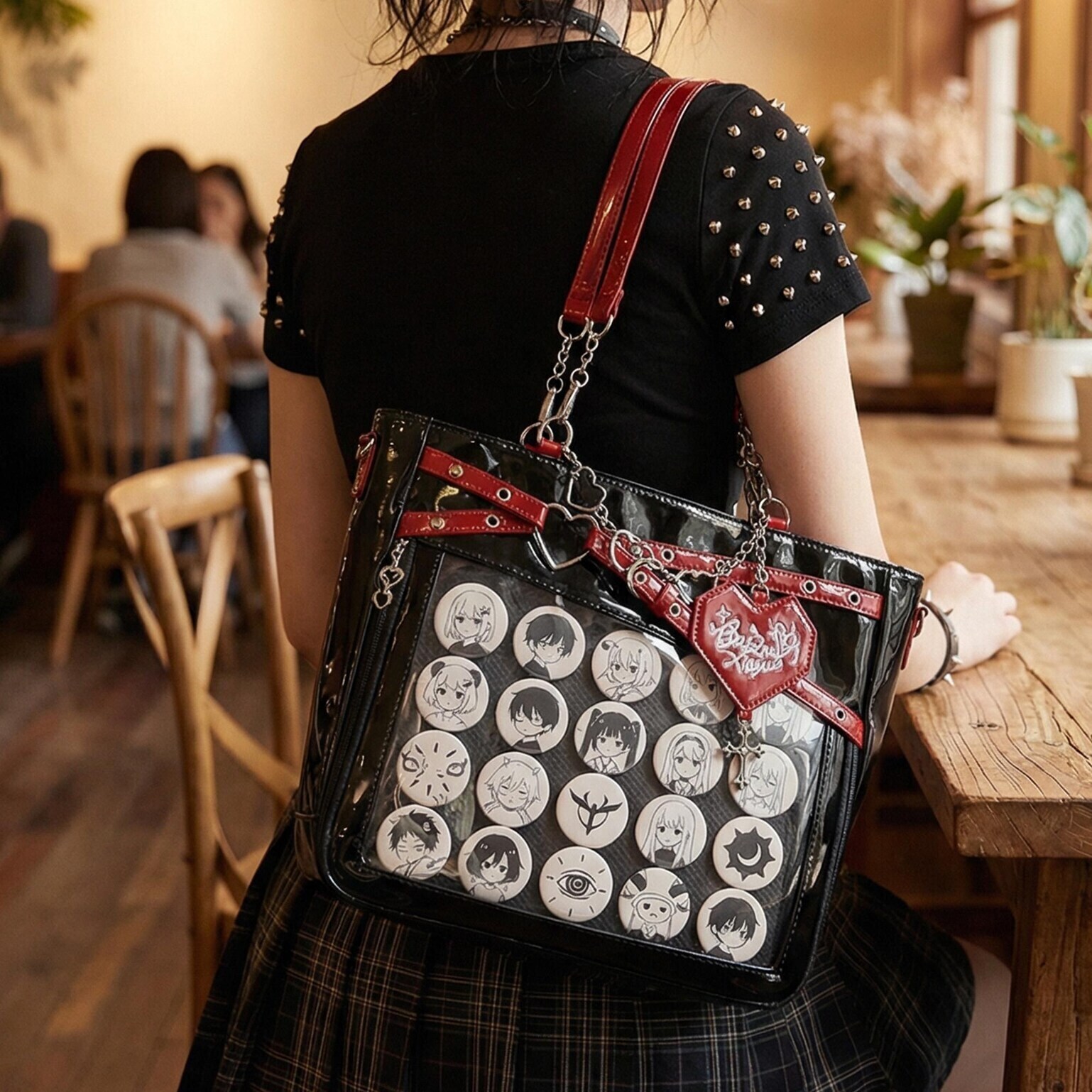 Large Y2K Gothic Ita Shoulder Bag with Clear Window for Pin Display Large Y2K Gothic Ita Shoulder Bag with Clear Window for Pin Display