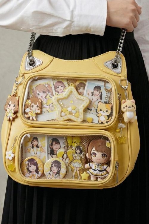 Large Yellow Kawaii Y2K Ita Backpack with Clear Window for Photocards and Pins