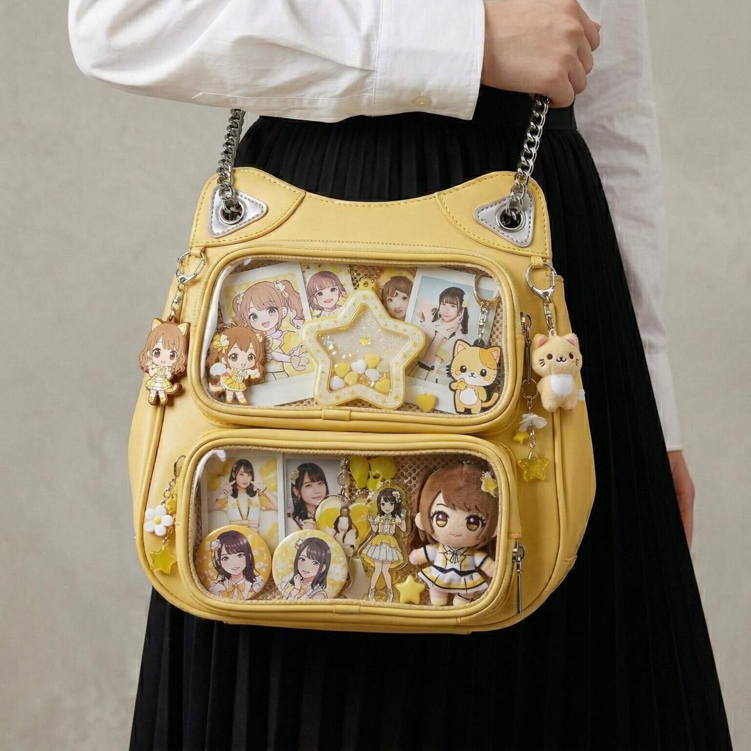 Large Yellow Kawaii Y2K Ita Backpack with Clear Window for Photocards and Pins Large Yellow Kawaii Y2K Ita Backpack with Clear Window for Photocards and Pins