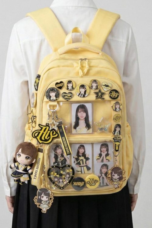 Large Yellow Kawaii Y2K Ita Backpack with Clear Window for Photocards and Pins