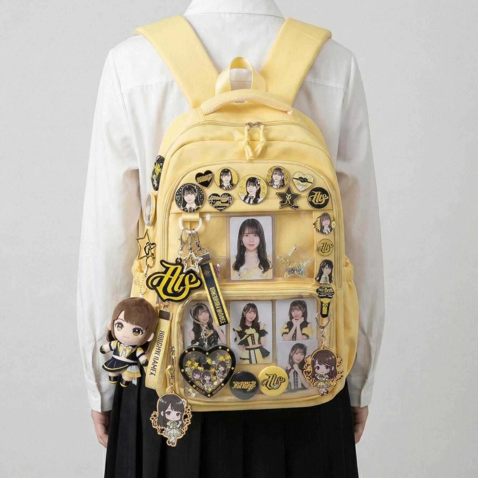 Large Yellow Kawaii Y2K Ita Backpack with Clear Window for Photocards and Pins Large Yellow Kawaii Y2K Ita Backpack with Clear Window for Photocards and Pins